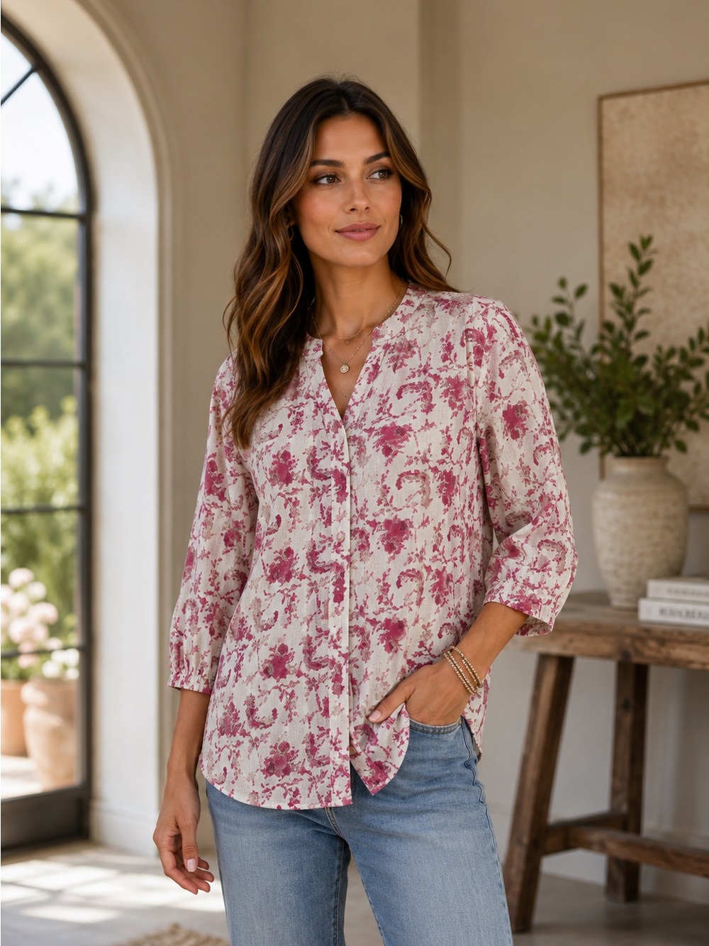 Rosewood Reverie Woven Floral Print Button-Up Blouse